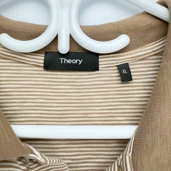 THEORY Bron D.Cosmos Striped Brown Beige Preppy 100% Cotton Polo sz XL - Picture 3 of 5